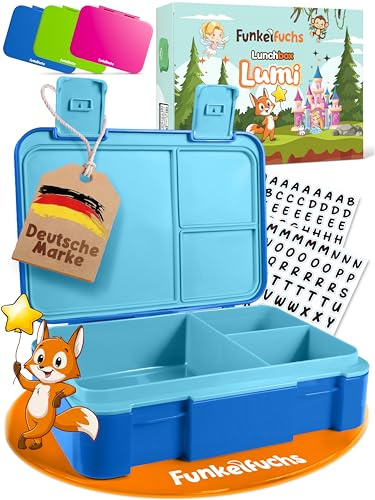 Funkelfuchs LUMI | Brotdose Kinder mit Fächern – 950ml, Blau | Lunchbox BPA-frei für Schule & Kindergarten |Super leicht, nur 350g |Auslaufsicher, Spülmaschinengeeignet | Bento Box, Snackbox, Brotbox