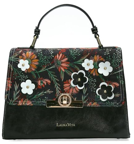 Laura Vita Damen Umhängetasche mit Überschlag und Blumenmuster Astry 04, Farbe:Schwarz