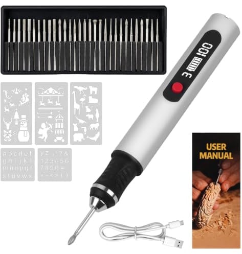 Stylo Graveur Électrique San Fil avec 30 Bits, 5 Pochoirs | USB Rechargeable Trousse à Outils de Gravure, 3 Vitesses, Jusqu'à 20 000 tr/min, pour Bricolage Bijoux Verre Métal