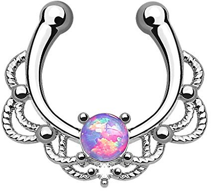 Piercingfaktor® Fake Piercing Universal Ring Septum Vintage Tribal mit Opal Nasen Lippen Helix Ohr Intim Tragus Nippel Hufeisen Horseshoe Lippenbändchen Silber Lila
