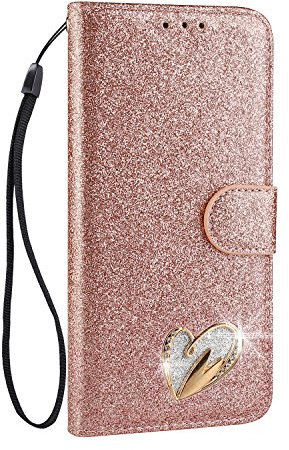 Mo-Somnus Kompatibel mit iPhone 6 / iPhone 6S Hülle (4,7 Zoll) + Schutzfolie, Bling Glitter Leder Handyhülle Tasche Schutzhülle Brieftasche Klapphülle Ständer und Kartensteckplätze Hülle (Roségold)
