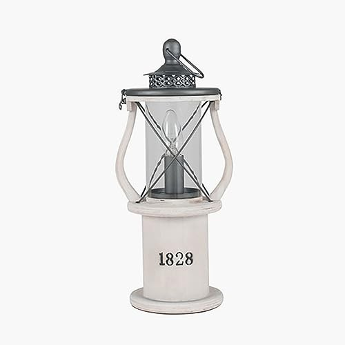 Pacific Lifestyle White Washed Antique Lantern | Miners Oil Lamp Victorian Lamp Shabby Chic Nautical Wooden Washed Rustic Table Lamps for Living Room (White)