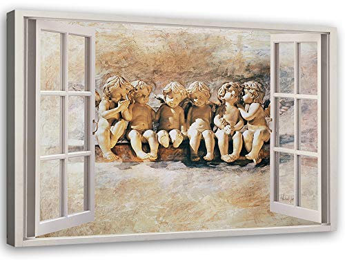 Feeby Leinwandbild - Bilder Wohnzimmer - Fensterblick Engel Beige - 60x40 cm 1tlg - Deko Schlafzimmer - Wanddekoration - Aesthetic - Groß Moderne Bild - Foto auf Leinwand