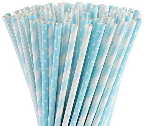 ALINK Lot de 100 pailles en papier bleu biodégradables pour jus, cocktails, smoothies, anniversaires, mariages, fêtes prénatales et célébrations