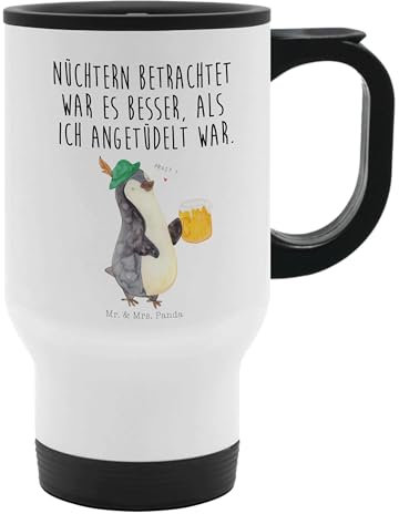 Mr. & Mrs. Panda Thermobecher Pinguin Bier - Geschenk, Thermotasse, Feierabend, pinguine, Oktoberfest, Thermobecher für 400 ml, Kaffeetasse zum