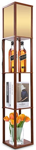 Oak Wooden Floor Lamp with Built In Shelf 3 Layers Wooden Shelf Floor Stand Lamp Modern Stylish Wood and Fabric Floor Lamp for Reading Studying Resting Organising in Living room Bedroom Hallway Office
