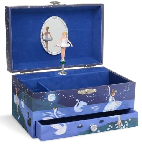 Jewelkeeper - Scatola musicale per i gioielli con ballerina: da bambina, con cassetto estraibile, design glitterato - Melodia dell'Lago dei Cigni