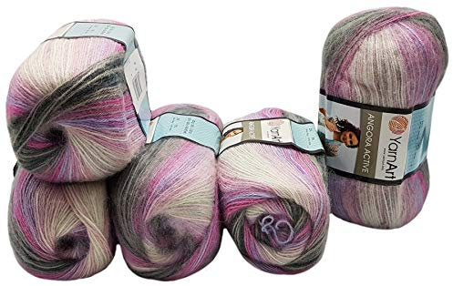 5 x 100 g YarnArt Angora Active Strickwolle mehrfarbig mit Farbverlauf, 500 Gramm Strickgarn mit 25% Mohair Wolle-Anteil (rosa grau weiß 848)