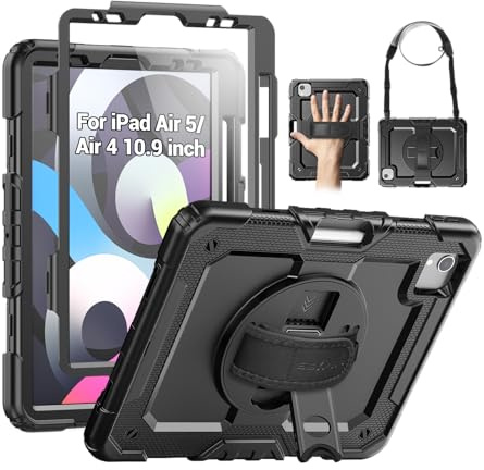 SEYMAC Funda para iPad Air de 5ª y 4ª generación de 10,9 pulgadas, carcasa protectora de cuerpo completo a prueba de golpes con protector de pantalla, soporte giratorio, asa, correa de hombro, soporte