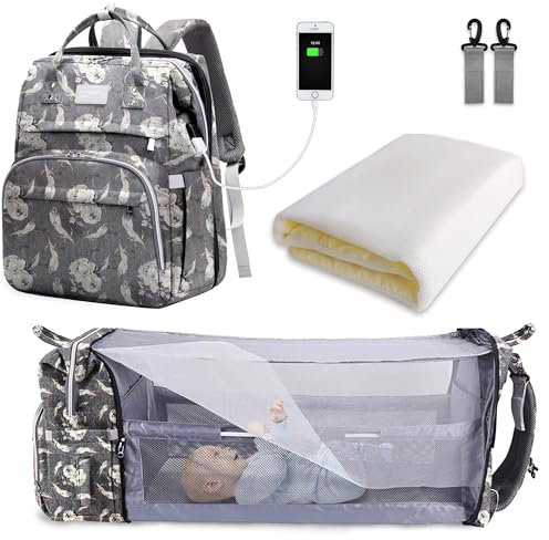 SNDMOR Wickeltasche Rucksack, wickelrucksack mit bettfunktion Großer, Multifunktionale Diaper Bag Mit Wickelunterlage, Kinderwagen-Haken, Geeignet für Mama und Papa (Graue Feder)