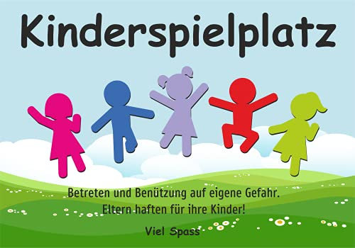 Schild: Kinderspielplatz - Betreten und Benützung auf eigene Gefahr. Eltern haften für Ihre Kinder! (Wiese) - A4, 297x210mm, beidseitiger Druck | Aluverbundschild