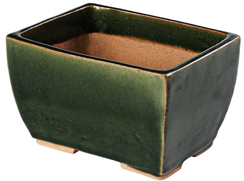 Wazakura Tokoname Serie Kleiner Handgefertigter Rechteckiger Bonsai-Topf mit Drainagelöchern 135 mm, Hergestellt in Japan, Keramik Garten oder Trainings Schale – Oliven Grün Oribe