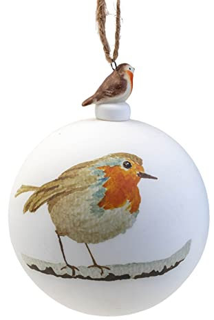 North Pole Novelties Glaskugel mit Rotkehlchen-Motiv, matt, Weiß, Christbaumschmuck mit Aufsatz