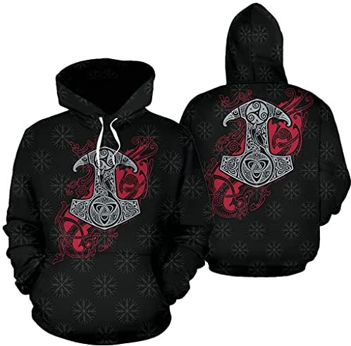 Thor's Hammer Hoodie, Helm von Ehrfurcht Viking Tattoo 3D bedruckt Langarm, Herren lose Pullover mit Tasche (Color : Hoodie, Size : XL)