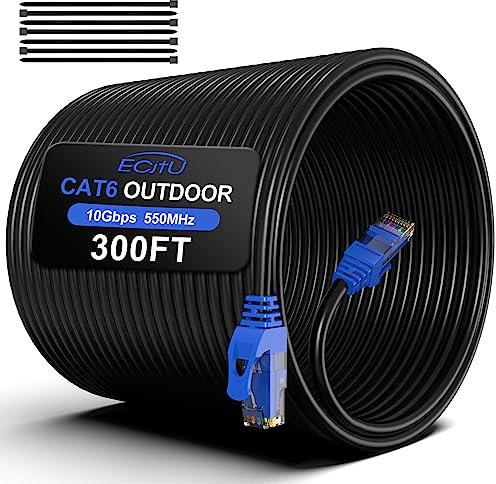 Cat6 Outdoor Cable - 300FT Cat 6 Ethernet Cable, 24AWG CCA, UTP(Unshielded), Waterproof, UV Resistant, Direct Burial, Network, Internet, RJ45 LAN with 25 Cable Ties