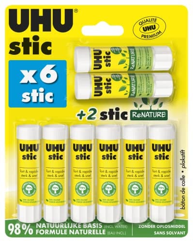 UHU Stic - Bastoncini di colla senza solventi, bianco, confezione da 6 stics da 8,2 g + 2 stics Renature da 8,2 g