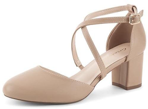 Greatonu Escarpins Bride Cheville Femme Escarpins Bloc Talons Pumps Femme Talon Haut avec Lanière Croisée et Bout Fermé - Parfait pour Les Mariages et Les fêtes-EU40-Nude