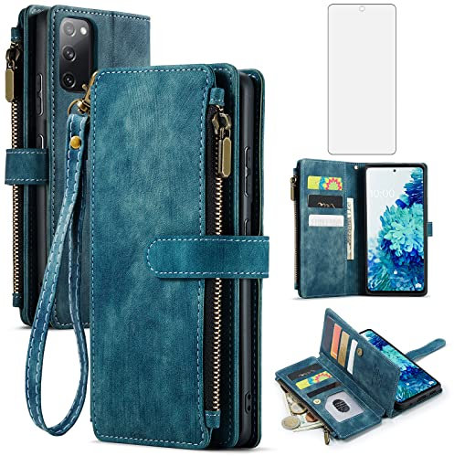 Asuwish Coque pour Samsung Galaxy S20 FE 5G Portefeuille avec Verre Trempé et Porte Carte Chaine PU Cuir à Clapet Étui Housse Support S20FE 4G S20FE5G S 20 Fan Edition Téléphone Case Femme Homme Bleu
