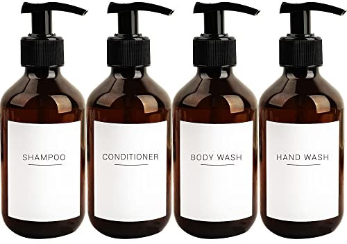 Ezebesta Soap Lotion Pump Dispensers with Labels 300ml Bathroom Brown Dispenser Bottles 4 Pieces with 22 Labels