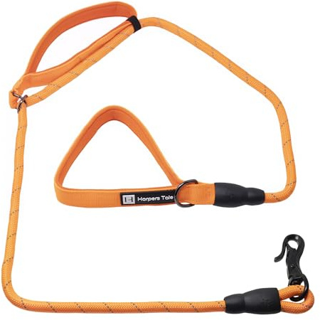 Harpers Tale Reflective Orange Rope Dog Lead Innovative Design with Adjustable Control Handle - Easy Attach Hook - Neoprene Padded Handles 1.5 M Long for Small, Medium & Large Sized Dogs