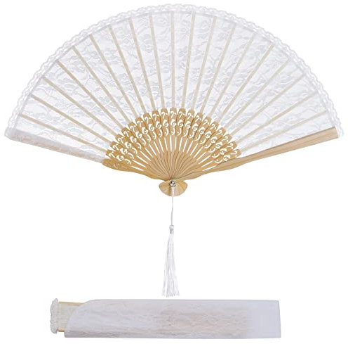 baotongle Handfächer aus Spitze mit Geschenktüte aus Spitze Vintage Handfächer Hochzeitsgeschenk, Partygeschenk für Damen, Schwarz and Weiß (White)