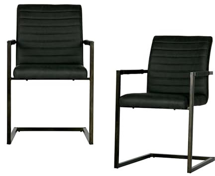 WOOOD Bas Esszimmerstühle Anthrazit - 2er Set Esstisch Stühle aus Vintage-Pu-Leder mit Rippenstruktur Küchenstuhl mit Rückenlehne und Armlehne