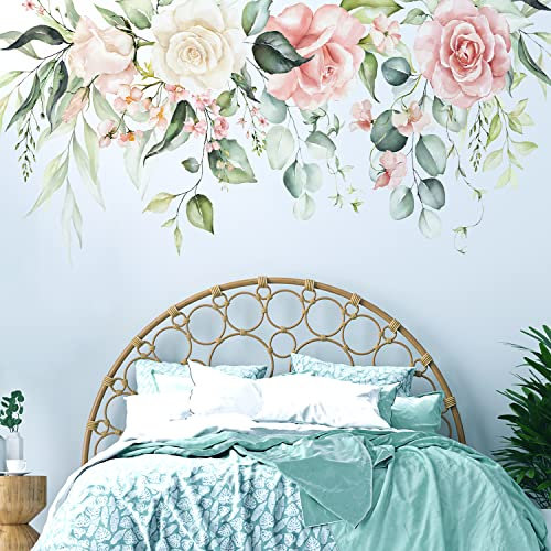 VePret Flowers Leaves Wall Decals Peel and Stick, Large Hanging Floral Leaf Vinyl Wall Stickers, Removable Vine Home Decor Art for Bedroom Living Room Classroom Office