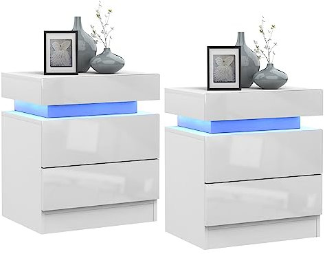 Lvhcmfohm Table de Chevet Lot de 2, Chevet de Lit avec lumière LED, Table de Nuit avec 2 Tiroirs et Rangement à Rabat supérieur pour Chambre à Coucher, Salon (Blanc, 45x35x52cm)
