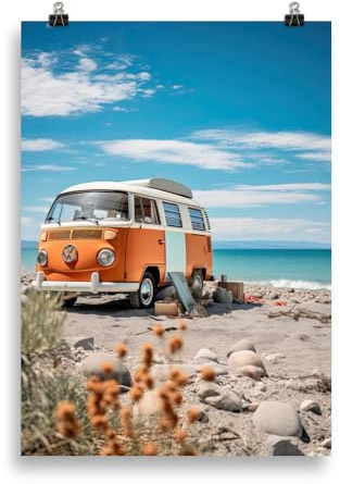 Generisch Vintage Retro Poster Camper am Strand – Nostalgischer Kunstdruck im Retro-Stil | Wandbild Wohnzimmer & Büro | Plakat ungerahmt