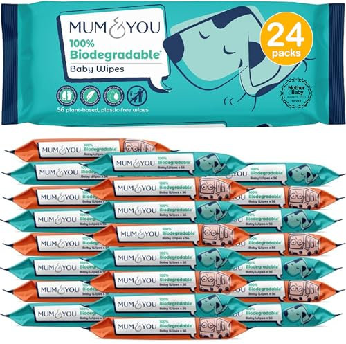 Mum & You Biodegradable Baby Wipes Multipack, 1,334 Wet Wipes (24 Packs) | 99.4% Water based Wipes | Plastic Free and Eco Friendly Wipes | Recyclable Packaging | Suitable for Newborn Sensitive Skin