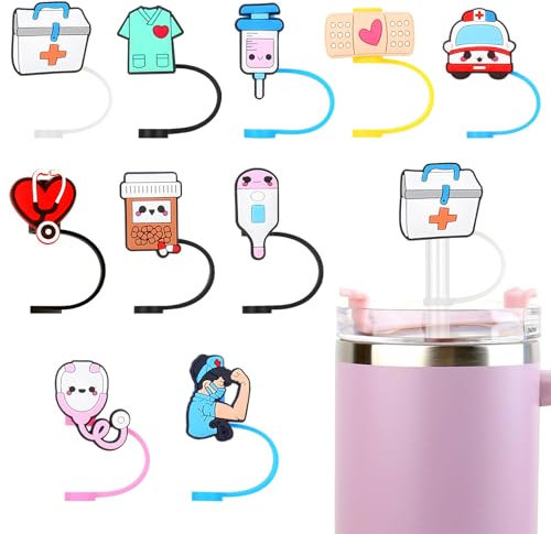VOSO 10pcs Nurse Straw Cover Cap Medical Silicone Straw Topper Tips for Stanley Cup, Cute Cartoon Reusable Drinking Straw Cap Lids Dust-Proof Straw Plug for 8-10mm Straw Gifts for Nurse Doctor