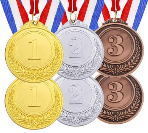 Fleymu 6 Stück Gold Silber Bronze Medaillen, Metall-Medaillen mit Halsband, Medaille mit Gravur Trophäen Muster, Gewinner Medaillen für Sport, Wettkämpfe, Kindergeburtstag, Party(6,5 cm)