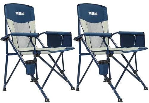 XGEAR Set of 2 Folding Chairs Breathable, Camping Chairs, Comfortable Heavy Duty Structure, 136 kg, with Drink Holder, Outdoor Chair Portable with Carry Bag for Garden Hiking Fishing Picnic BBQ Beach