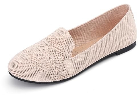 RUOMU Damen Ballerinas - Runde Zehe Strickkleid Kleid Schuhe Slip On Flats - Beige, 39 EU