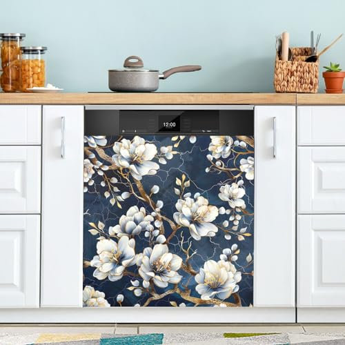 White Flowers Gold Line Blue Marble Dishwasher Magnetic Sticker Decorative, Farmhouse Fridge Front Decal Trimmable Magnet Sticker 23 x 26