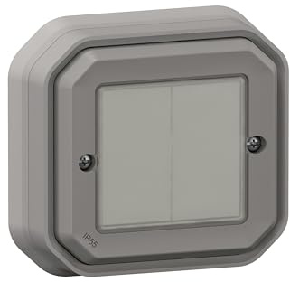 LEGRAND, Plexo New Feuchtraum-Connected-Smart-Home-Doppelschalter, Wandsender, Aufputz-Schalter, An-Aus, batteryless technology, Home+Control-App, IP55 - IK07 wasser- und stoßfest, Grau, 069819L