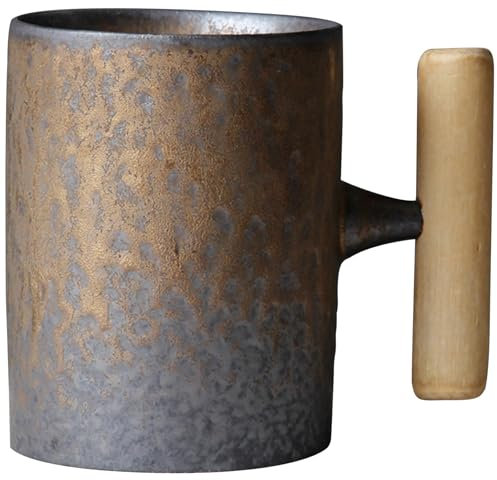 Japanese Coffee Mug, 310ml Vintage Japanese Ceramic Mug, Rust Glaze Heat-Resistant Ceramic Coffee with Wood Handle for Home Office Style 1 Vintage Mugs