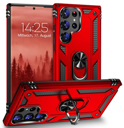 LBH Outdoor Hülle für Samsung Galaxy S23 Ultra Armor Militär Stoßfest Handyhülle 360 Grad Metal Ring Halter Ständer Schutzhülle für Handyhalterung Auto Magnet Rot
