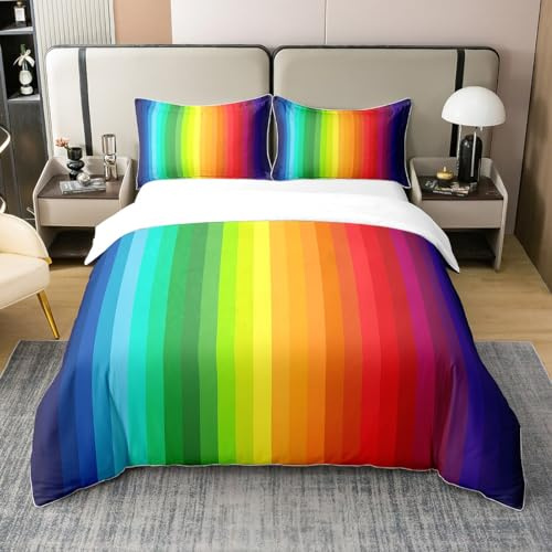 Loussiesd Regenbogen Bettwäsche Set 135x200cm 100% Baumwolle Marmor Streifen Bunt Multicolor Bettbezug Set für Kinder Jungen Mädchen Weich Atmungsaktiv Betten Set inkl.1 Kissenbezüge 80x80 cm