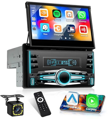 Inefala Radio de Coche Retráctil de 7 Pulgadas con Pantalla Táctil 2 DIN Bluetooth con CarPlay Inalámbrico y Android Auto con Radio FM EQ SWC Mirror Link UI USB Micrófono Cámara de Vvisión Trasera