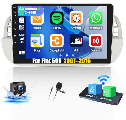 OiLiehu 2+64G Android 13 Car Stereo for FIAT 500 2007-2015 with Wireless CarPlay Android Auto, 9 IPS Touchscreen Car Radio with WiFi GPS Mirror Link Bluetooth EQ FM RDS SWC + Backup Camera