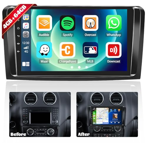 4G+64G Carplay Autorradio Android para Mercedes Benz W164 ML280 ML350 ML500 X164 GL320 GL350 GL450 2005-2011, Pantalla de 9 Pulgadas con GPS WiFi Bluetooth FM/RDS 32EQ SWC+Cámara de visión Trasera