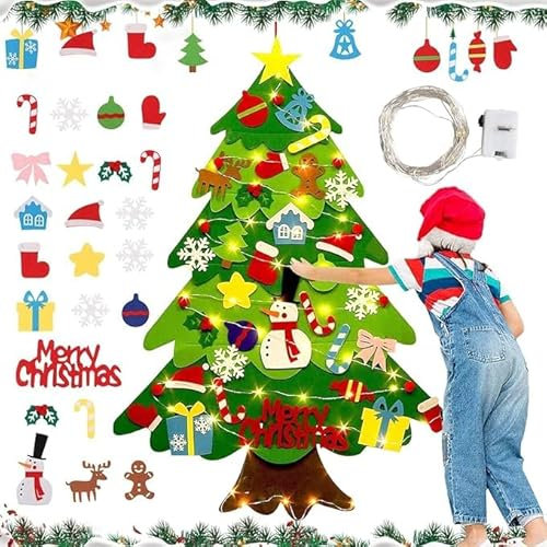 Árbol de Navidad de Fieltro, 95 CM Extraíbles Árbol de Navidad, con 32 Adornos Extraíbles y Luces led, DIY Fieltro Árbol de Navidad, Colgante de Pared Árbol de Navidad, para Niños Navidad Regalo