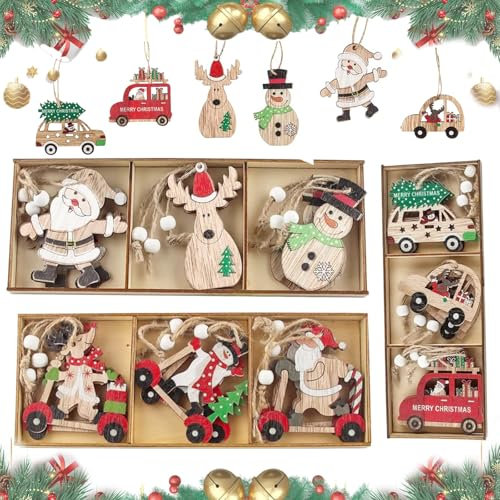 Sunnilly Colgantes de Navidad de madera, 27 unidades, decoración navideña con ciervos y renos, adornos para árbol de Navidad