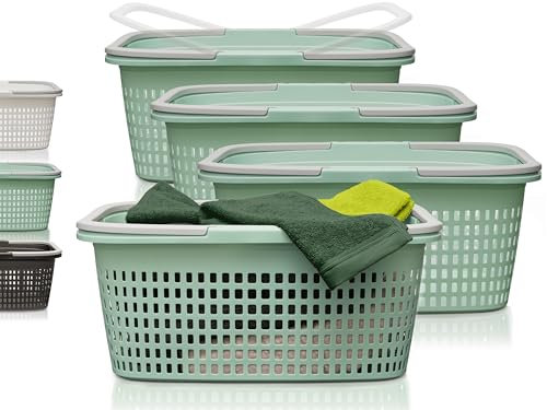 Hausfelder Wäschekorb 58x37x25cm – Wäschekörbe 4er Set - Stabil & Wetterfest - Wäschewannen mit Henkeln & Griffen 35 l (Jadegrün, 4 Körbe)