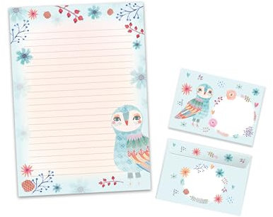 Briefpapier-Set Briefblock mit Umschlag für Jungen Mädchen Kinder Eule rosa blau (Block A4 mit 25 Blätter + 15 Umschläge)