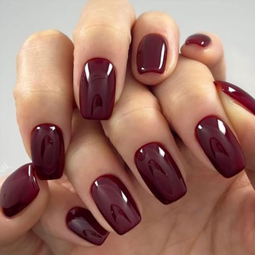LunarCharm Lot de 24 faux ongles press-on rouge foncé, forme carrée, bordeaux, avec colle, réutilisables, en acrylique, kit de manucure