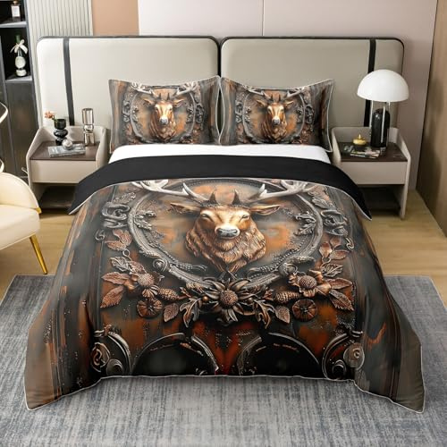 100% Baumwolle Western Bauernhaus Hirsch Tier Tröster Abdeckung 135x200,Vintage Spiegel Blume Floral Bettbezug,Rustikale Hirsch Jagd Bettwäsche Set,Elch Rentier Dschungel Wild Tier Bettbezug