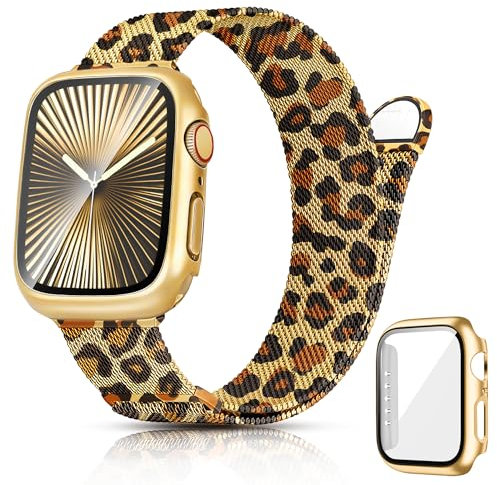 Ocaer Kompatibel mit Apple Watch Armband mit Gehäuse 40mm 41mm 42mm 44mm 45mm 46mm, Metall Magnetisch iWatch Armband für Apple Watch SE Series 10 9 8 7 6 5 4, Edelstahl Mesh Loop (Gold-Leopard, 40mm)