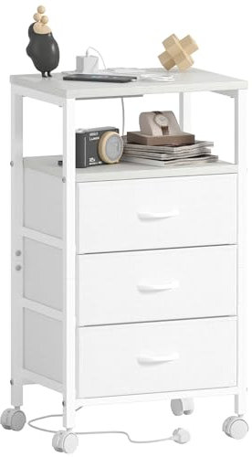 Lutown-Teen Mesita de Noche Blanca Alta de 73 cm, Mesa Auxiliar con Enchufes, Estructura de Metal y 3 Cajones de Tela, Mesillas de Noche con Ruedas, para Dormitorio, Salón, Blanco